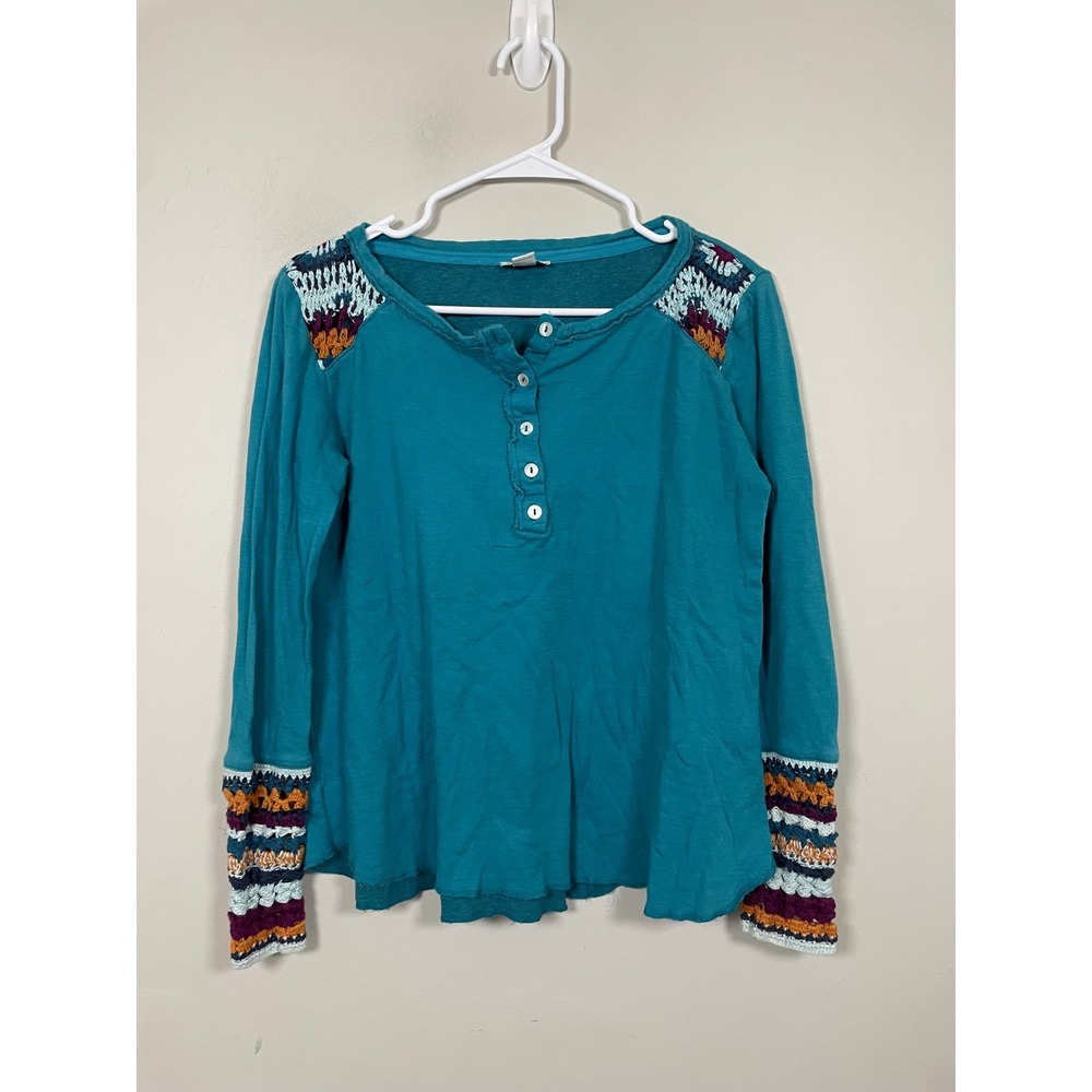 Sundance Crochet Henley Top in Blue Teal Size Medium Bohemian Casual Fall